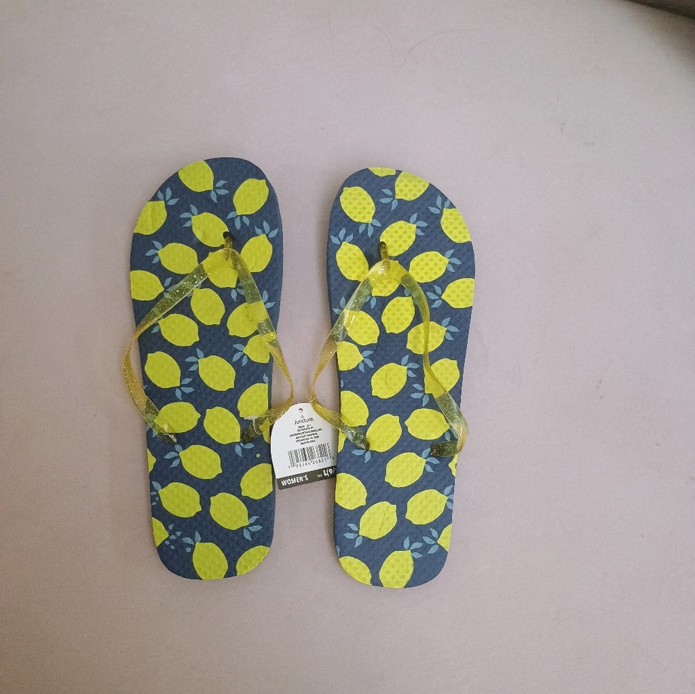 Lemon Print Flip Flops - Navy & Yellow - Picture 2 of 3